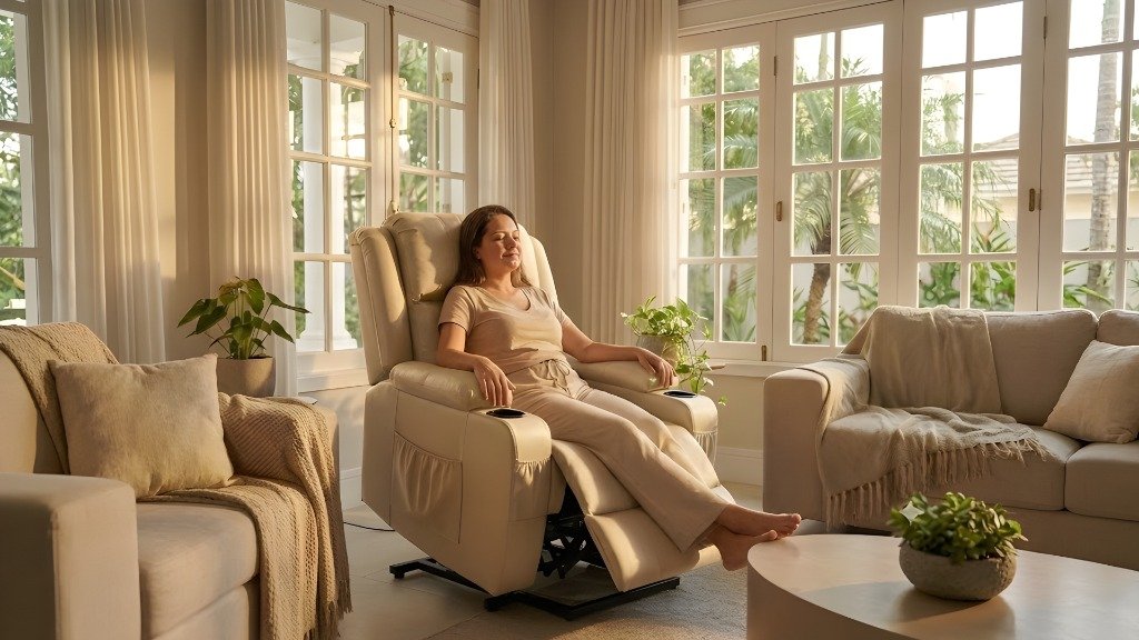 Mulher relaxando confortavelmente em poltrona reclinável